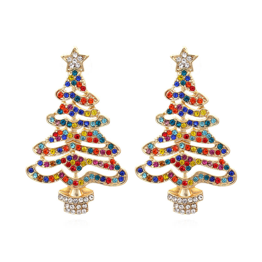 Christmas New Exaggerated Hollow Full Inlaid Zircon Christmas Tree Earrings Exaggerated Creative Flower Stud Earrings