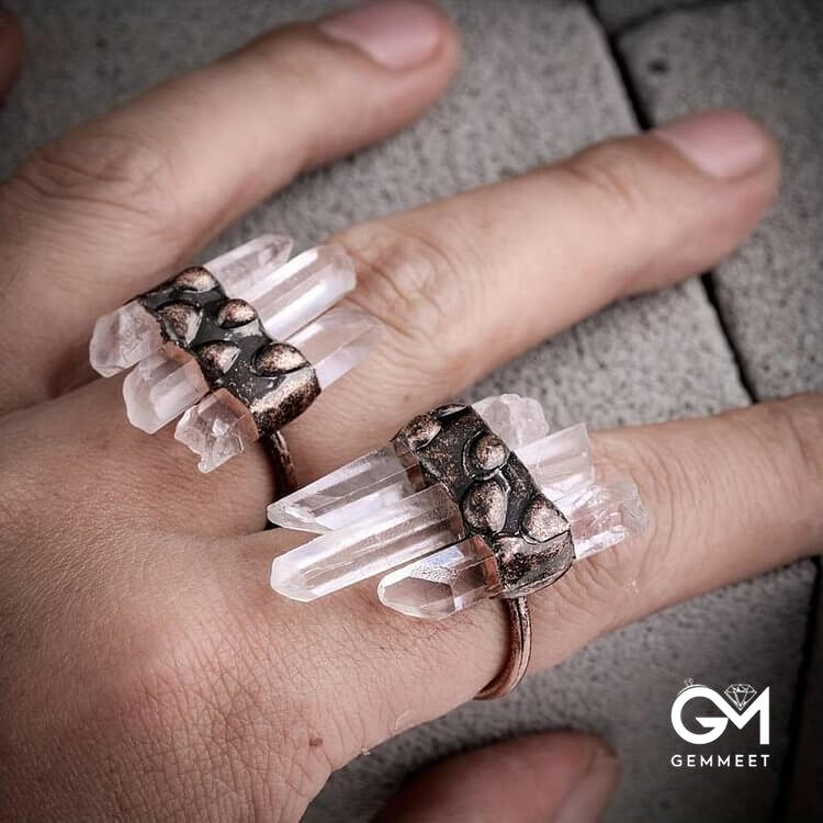 Three Clear Quartz Adjustable Ring