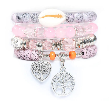 Tree Of Life Heart Pendant Beaded Bracelet Set