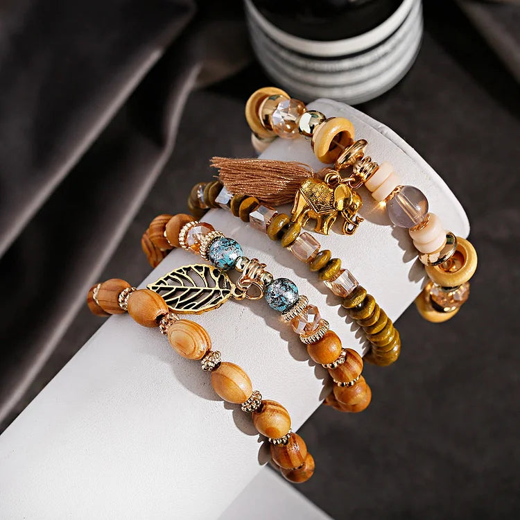 Bohemia Elephant Leaf Tassel Pendant Bracelet Set