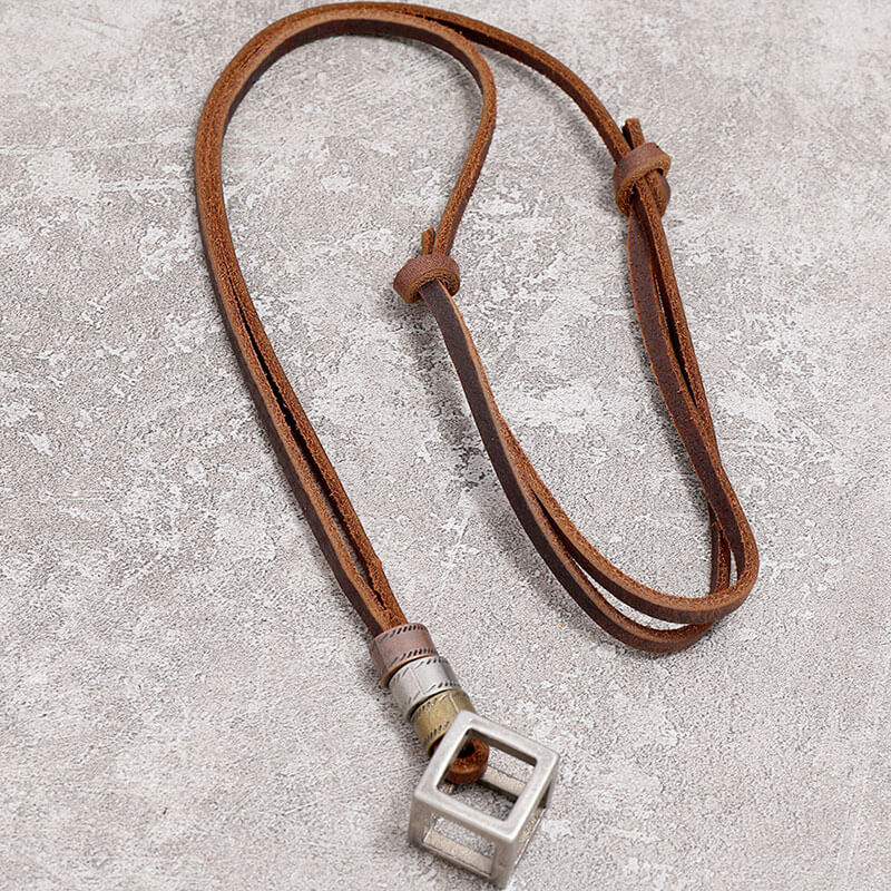 Vintage Hollow Square Frame Leather Adjustable Necklace