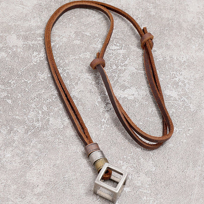 Vintage Hollow Square Frame Leather Adjustable Necklace