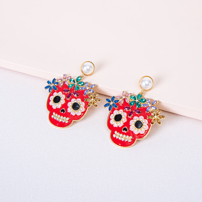 Halloween Personality Exaggerated Full Inlaid Zircon Dripping Oil Skull Earrings Fashion Trend Ladies Earrings