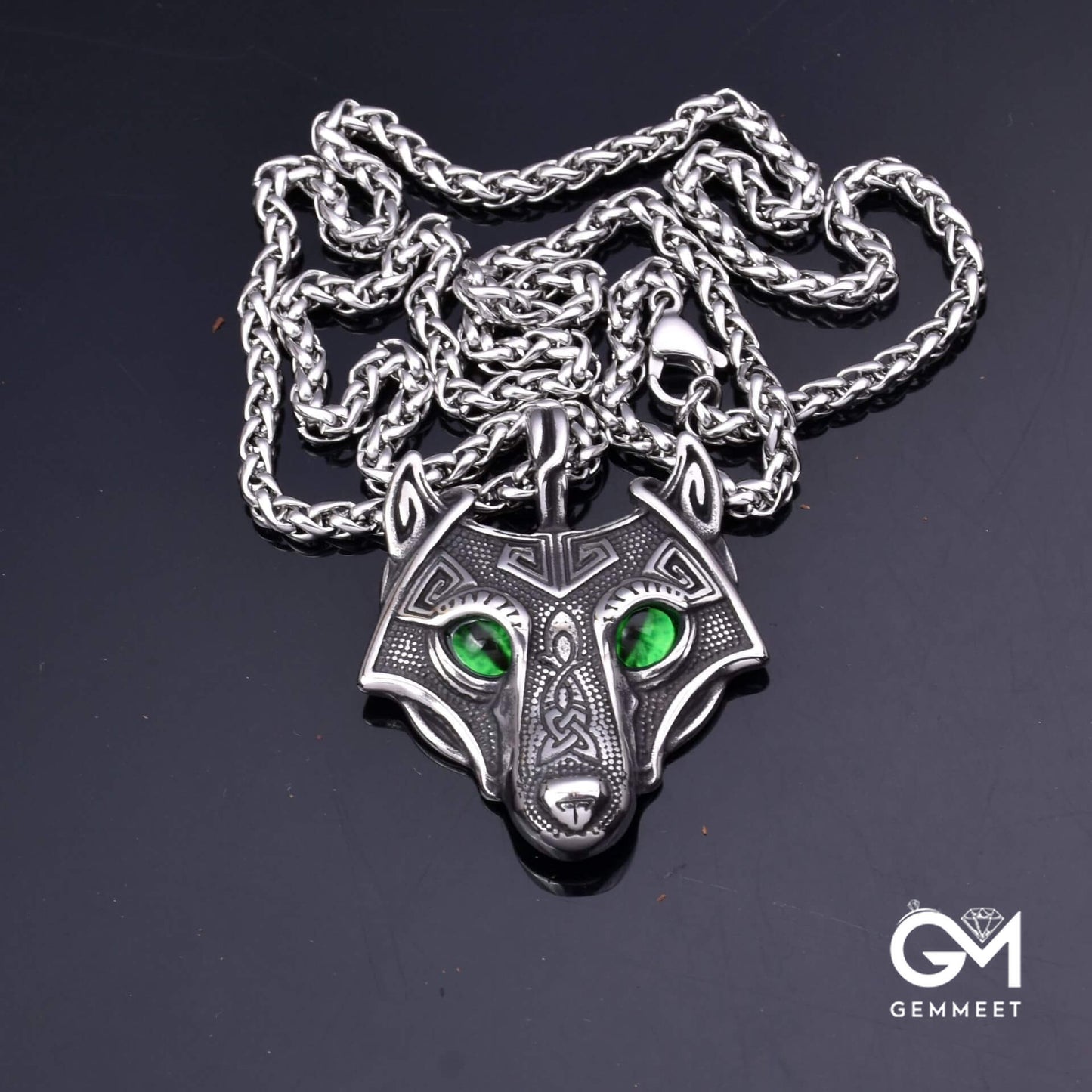 Stainless Steel Wolf Head Green Zircon Eye Necklace