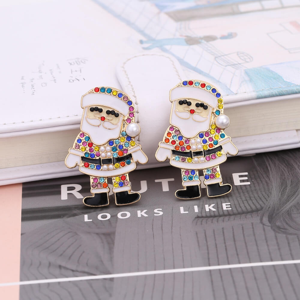 Christmas Cartoon Character Color Zircon Earrings New Drop Oil Inlaid Zircon Santa Claus Earrings