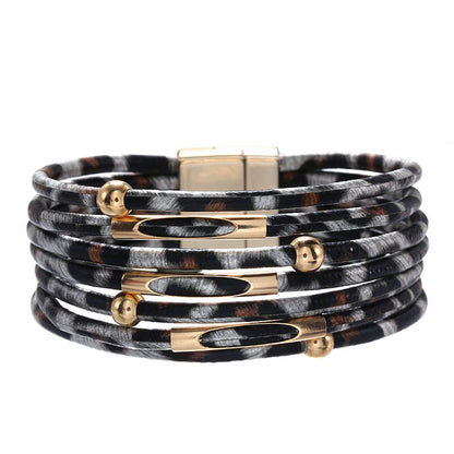 Alloy Leopard Print Magnet Buckle Leather Strap Bracelet