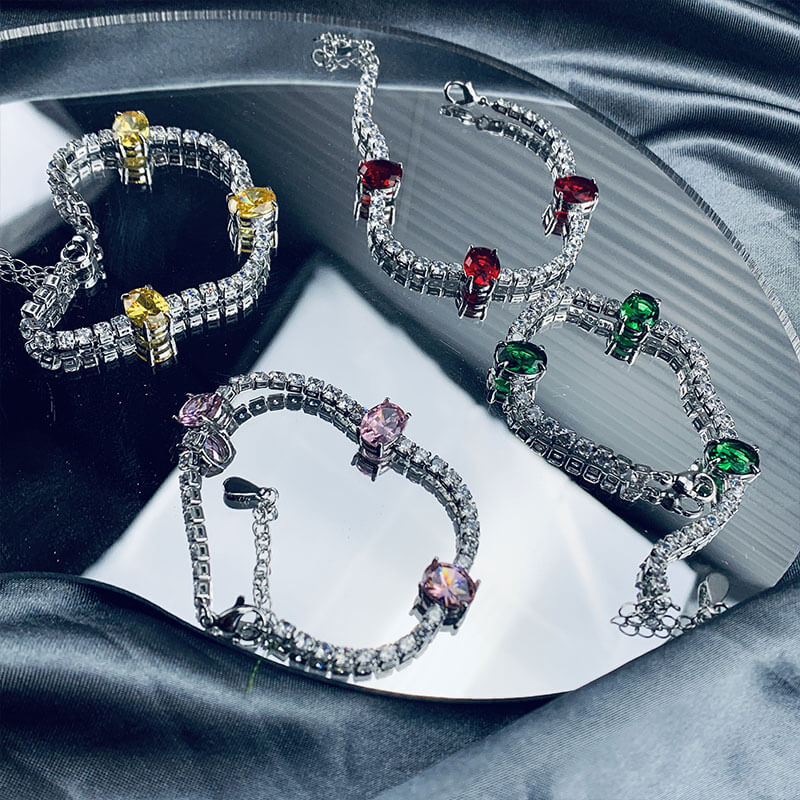 Simulation Color Treasure Bracelet Emerald Pigeon Blood Ruby Asscher Yellow Diamond Argyle Pink Bracelet