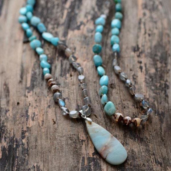 Amazonite Labradorite Agate Crystal Stone Mala Pendant