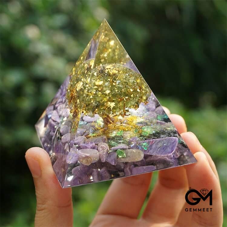 Tree of Life Peridot With Charoite Orgone Pyramid