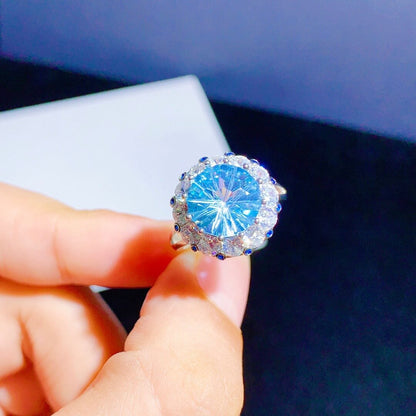 Simple Hearts and Arrows Imitation Natural Blue Topaz Ring Five Carat Ice Flower Cut Color Treasure Ring