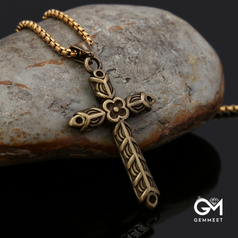 Vintage Stainless Steel Cross Flower Pendant Necklace