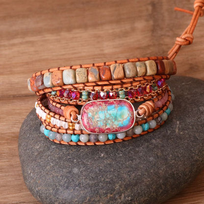 Colorful Pendant Multi-layer Woven Leather Wrapped Bracelet