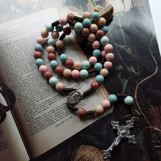 Color Beads Rosary Mary Medal Cross Necklace