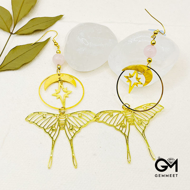 Rose Quartz Star and Moon Moth Bohemian Earrings