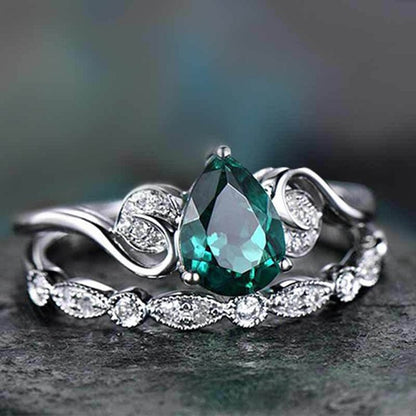 Water Drop Emerald With Zircon 2 Piece Ring Set