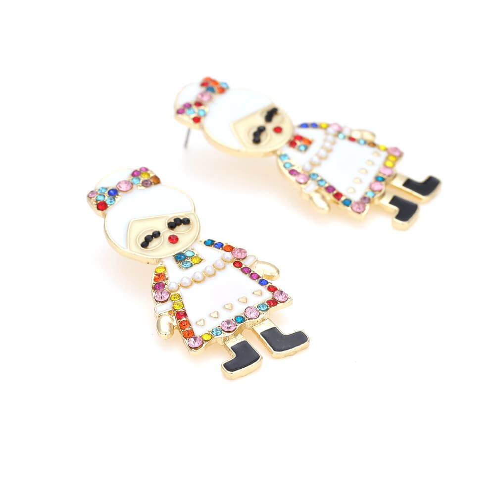 Christmas Cartoon Character Earrings New Christmas Grandma Dripping Oil Earrings Exaggerated Full Color Zircon Earrings