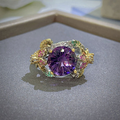 Colorful Flower Opening Colored Treasure Ring Two-color Gold Craft Hand-inlaid Firework Cut Purple Diamond Ring