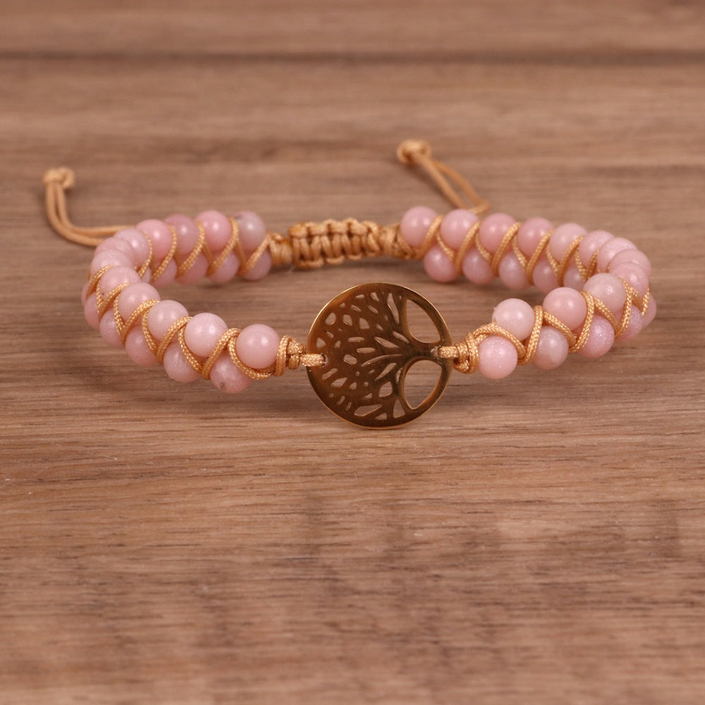 Double Woven Bracelet with Tree Pendant Pink Diamond Stone Bead