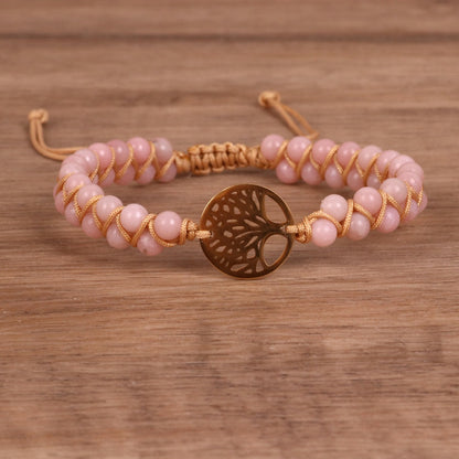 Double Woven Bracelet with Tree Pendant Pink Diamond Stone Bead