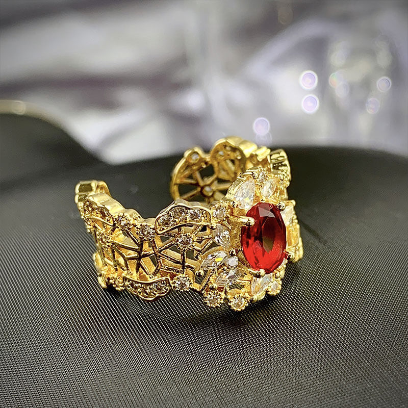 Buccillati Craft Retro Literary and Art Palace Hollow Imitation Ruby Ring