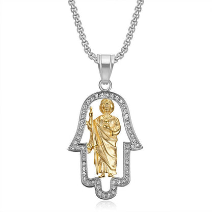 Hiphop Gold-plated Money Inlaid Zircon St. Jude Hand of Fatima Pendant