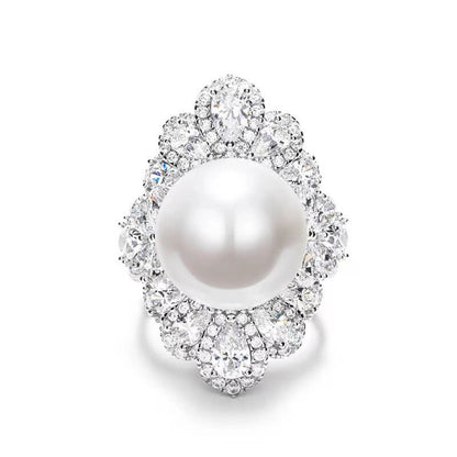 A Two-wear Artificial Mother-of-pearl Pearl Ring Heavy Industry Luxury Exaggerated All-match High Carbon Diamond Female Ring