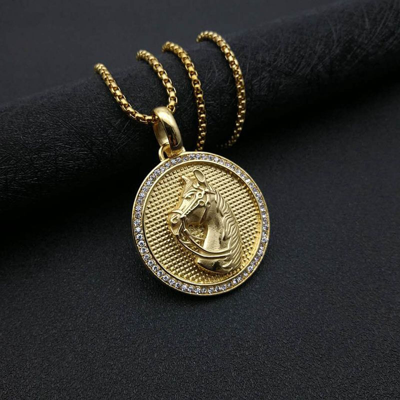 Hiphop Jewelry Titanium Steel Gold-plated Inlaid Zircon Disc Horse Head Pendant