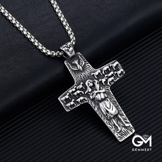 Stainless Steel Vintage Sheep Cross Pendant Necklace