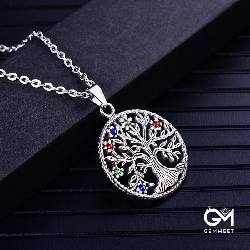 Stainless Steel Multicolored Rhinestone Tree of Life Necklace