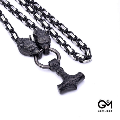 Stainless Steel Viking Wolf Head Thor Hammer Necklace