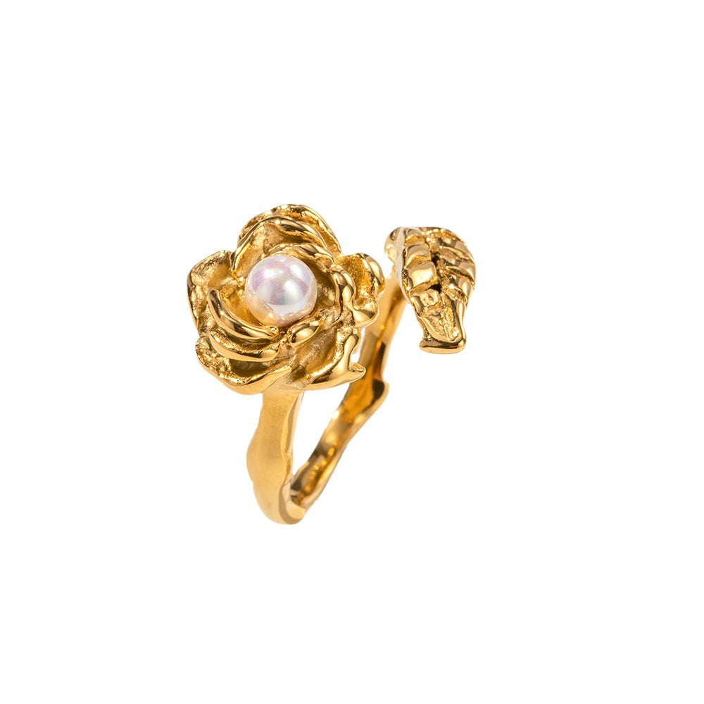 Stainless Steel Pearl Flower Shape Signet Ring