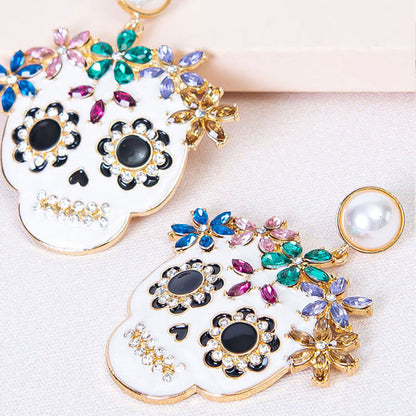 Halloween Personality Exaggerated Full Inlaid Zircon Dripping Oil Skull Earrings Fashion Trend Ladies Earrings