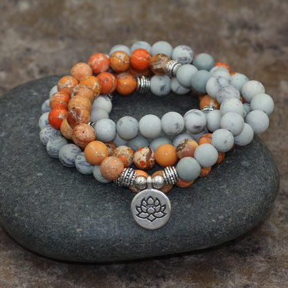 108 Stone Beads Two-tone Lotus Pendant Bracelet