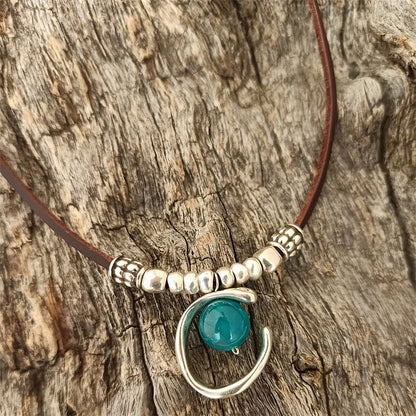 Aquamarine Half Ring Pendant Leather Rope Necklace