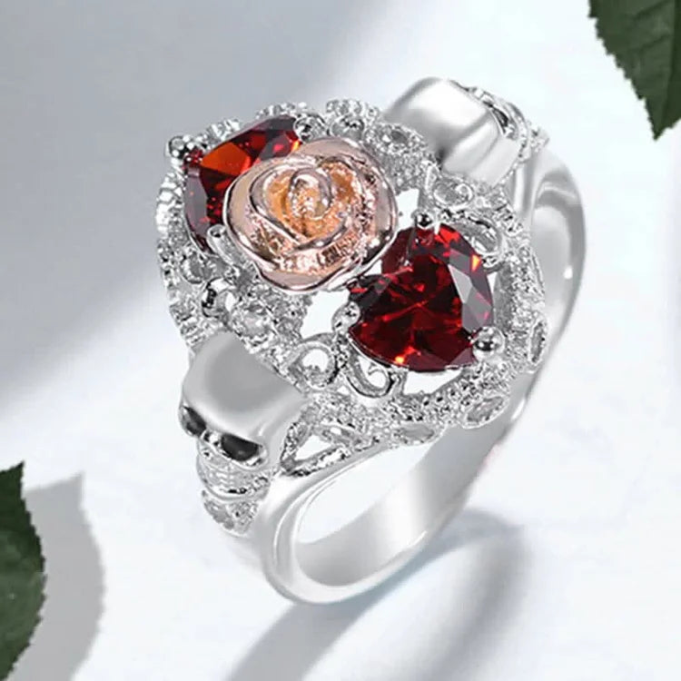 Retro Skull Love Heart Ruby Ring