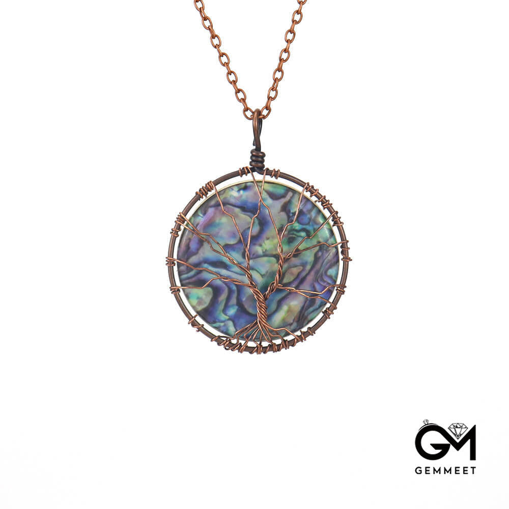 Synthetic Abalone Shell Tree of Life Disc Pendant Necklace