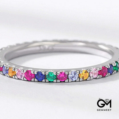 White Gold Prong Common Rainbow Stones Band Ring