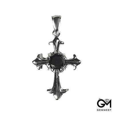 Silver Stainless Steel Cross Black Zircon Necklace