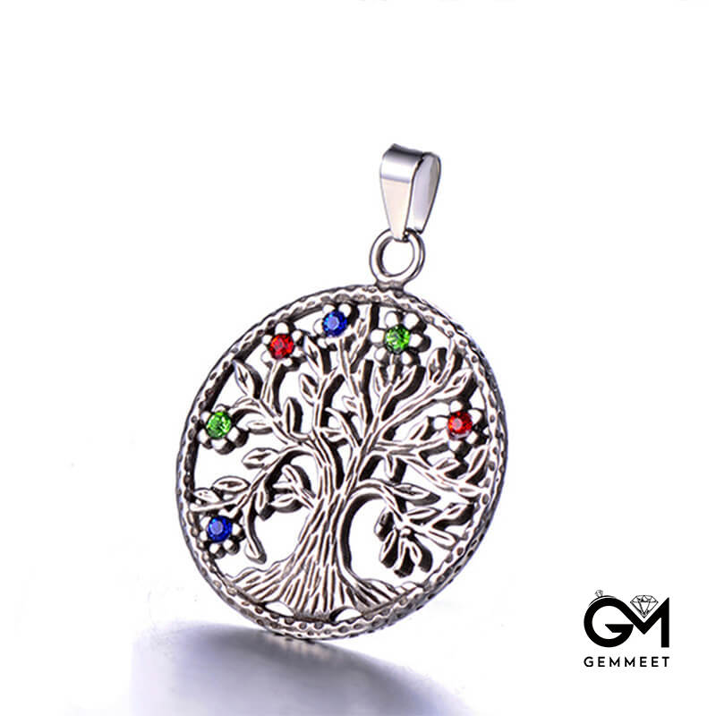 Stainless Steel Multicolored Rhinestone Tree of Life Necklace