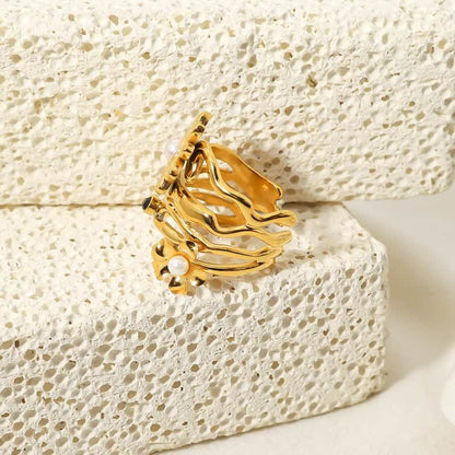 Women's 18K Gold Plated Pearl Sunflower Ring