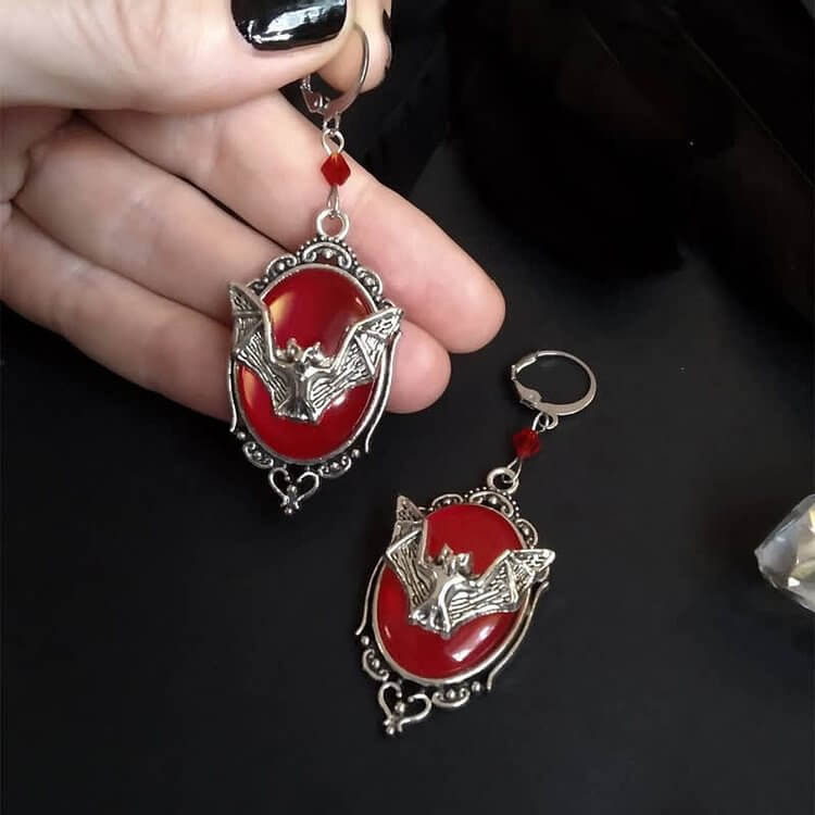 Obsidian & Ruby Halloween Bat Earrings