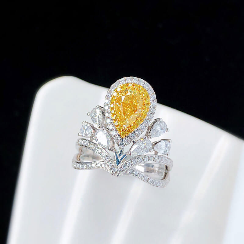 Luxury Crown Collection Asscher Yellow Diamond Drop Ring Crown Ring