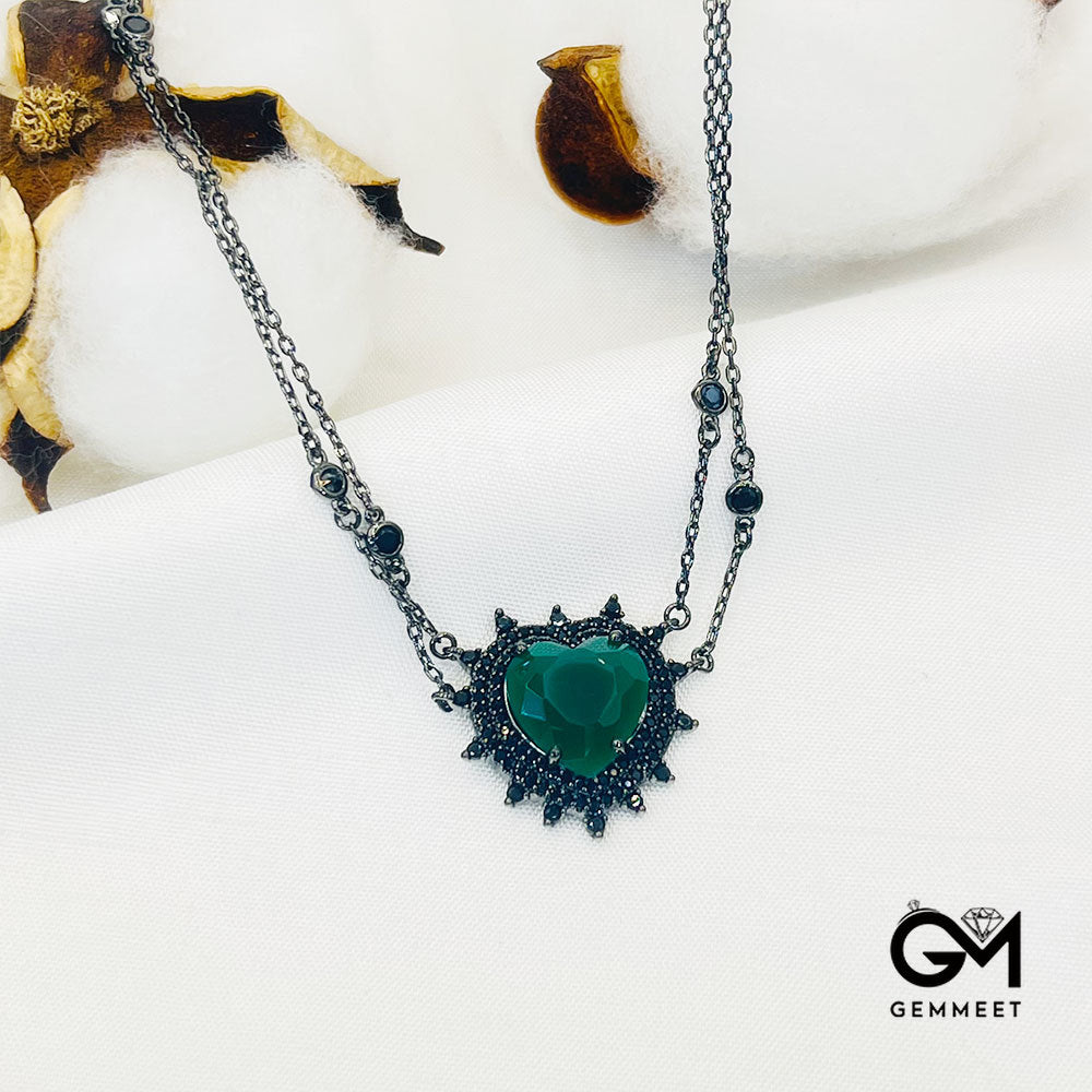 Big Green Stone Heart Shape Halo Black Stone Pendant Necklace