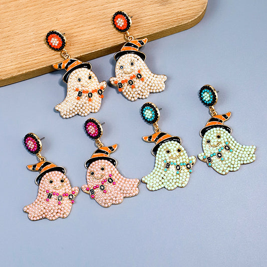 Halloween Cute and Funny Little Ghost Rice Bead Alloy Earrings