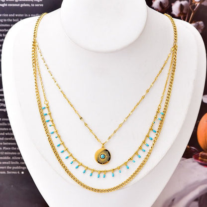 Natural Turquoise Pendant Triple 18K Necklace Set