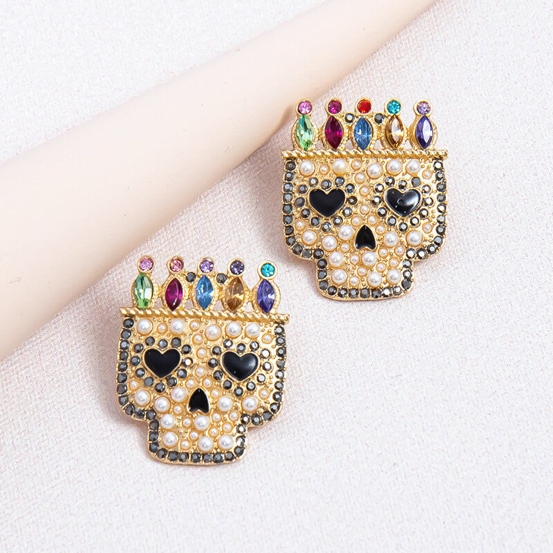 New Alloy Pearl Color Diamond Halloween Skull Earrings Trendy Personality Earrings