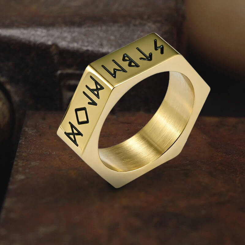 Hexagon Viking Runes Stainless Steel Ring