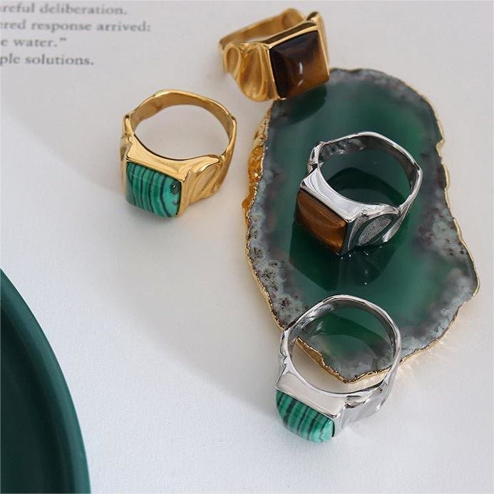 Square Malachite Tiger Eye Gold Silver Titanium Ring