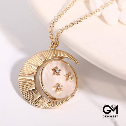 Nacre White Zircon Moon Star Gold Plated Copper Necklace