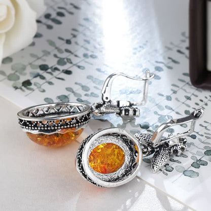 Retro Floral Silver Amber Earrings